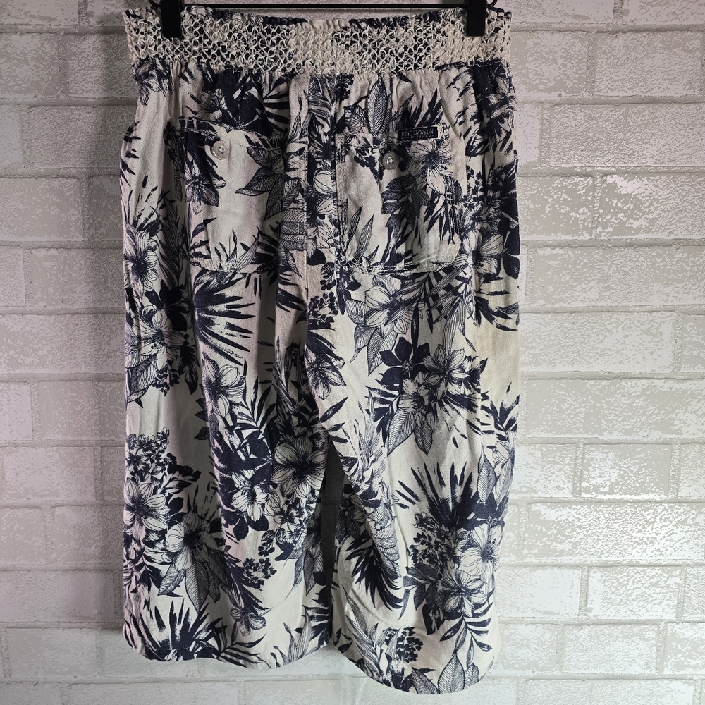 Linen Capri Short Pants White Blue Tropical Print Stretch Waist by Beau Dawson M - Picture 3 of 7